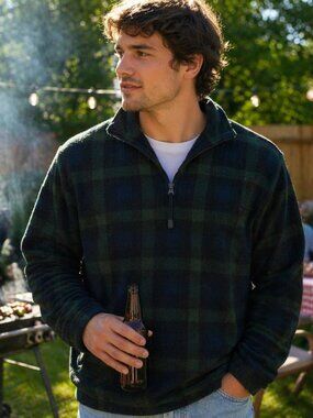 Chaps Ralph Lauren Fleece 1/4 Zip Pullover Sweater Size L NWT Green Blue Plaid